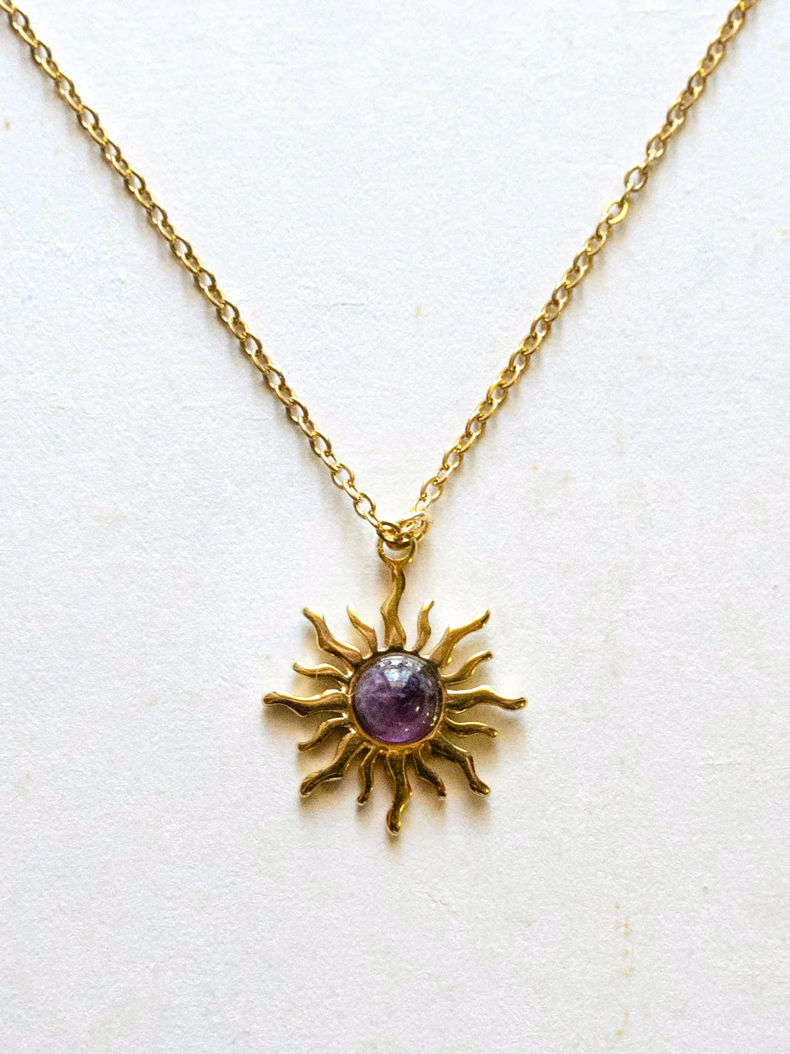 Amethyst Sun Pendant Necklace - Stainless Steel, Gold