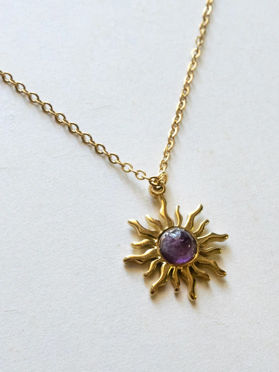 Chunky Gold Hoops - Amethyst Sun Pendant - Image 6