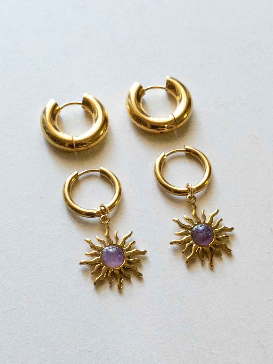 Chunky Gold Hoops - Amethyst Sun Pendant - Image 3