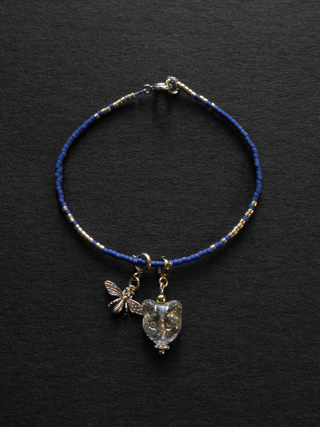 Beaded Bracelet Dark Blue - Cat, Bee
