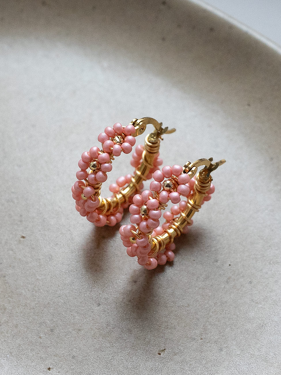 Beaded Flower Hoops - Pink