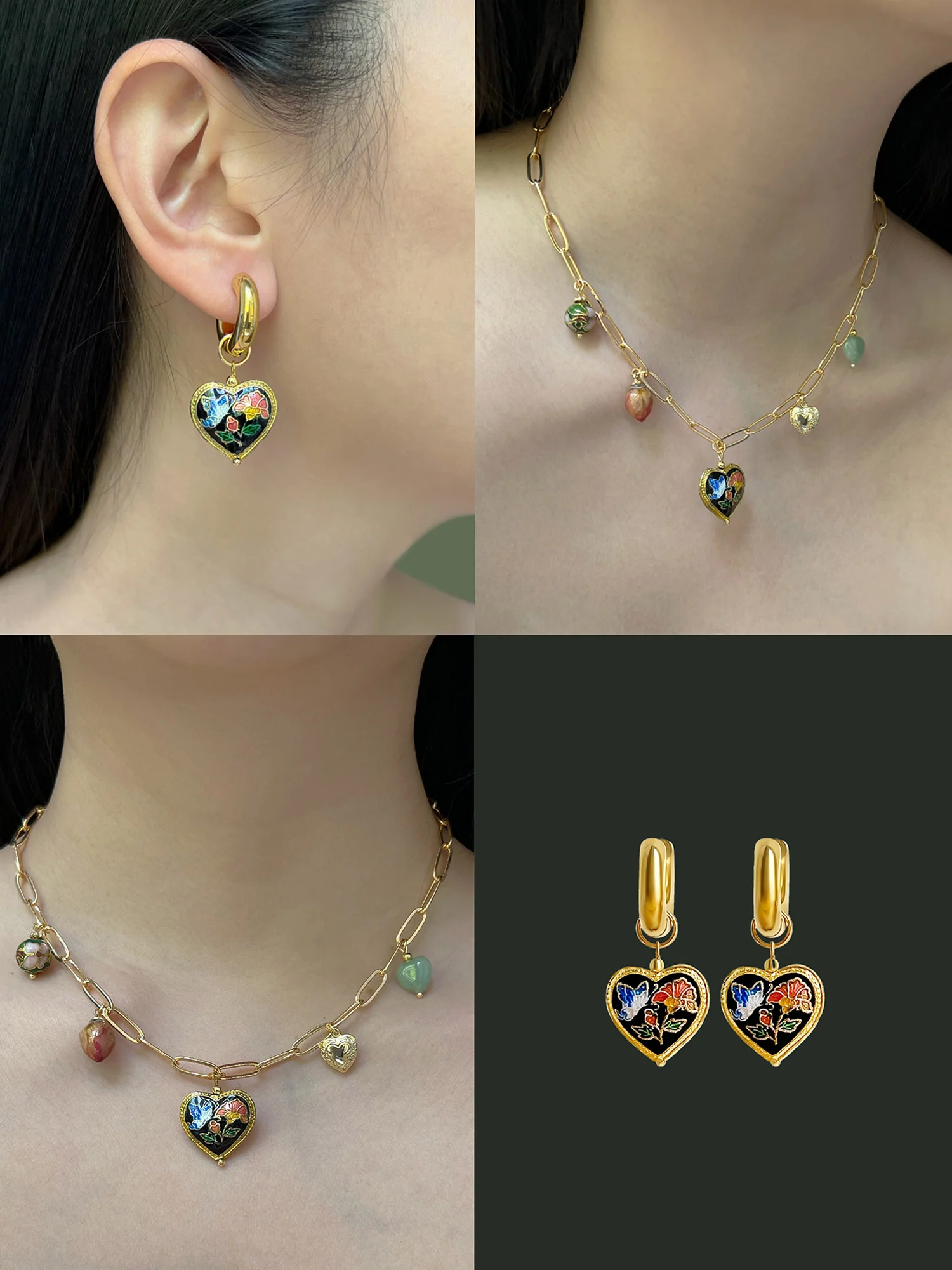 Black Cloisonne Heart Chunky Gold Hoops - Image 5