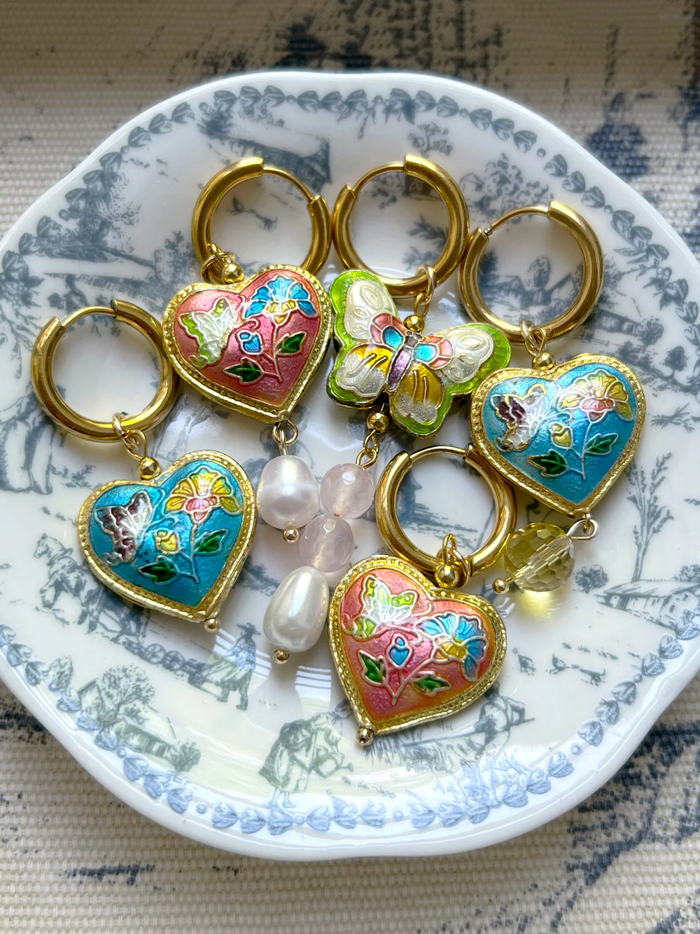 Blue Cloisonne Heart Dangling Earrings with Yellow Glass Crystal - Image 4