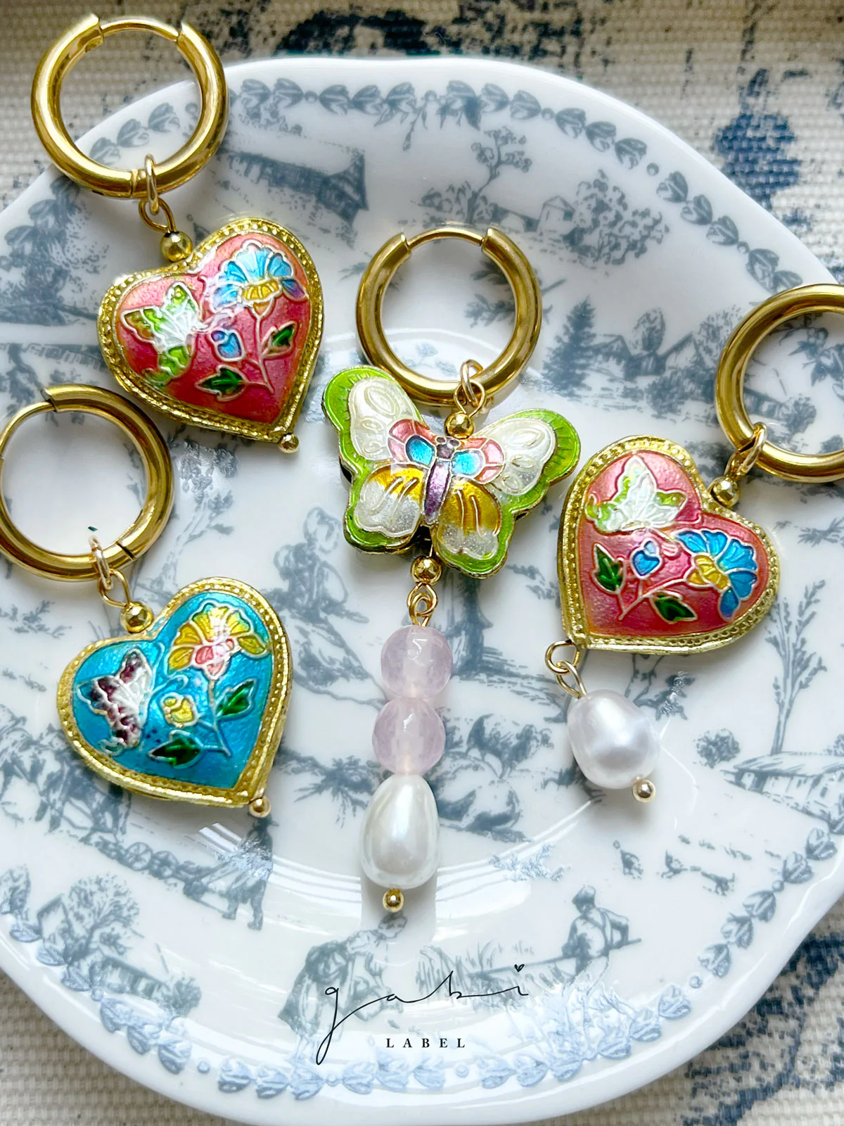 Blue Cloisonne Heart Hoops - Image 5