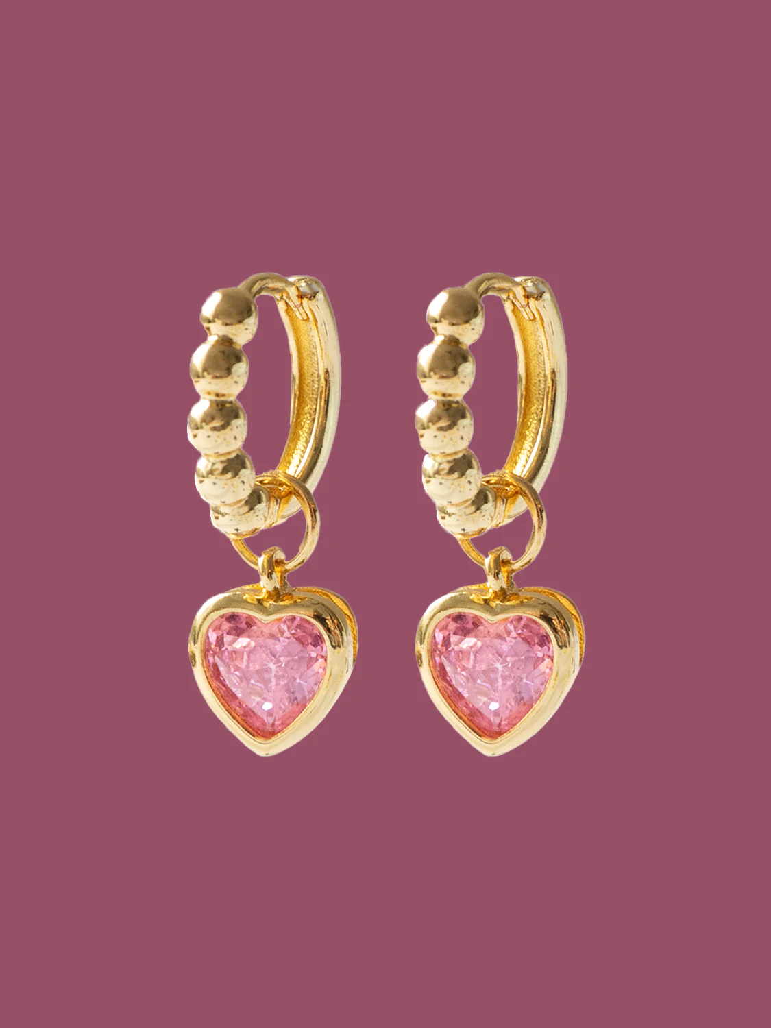 Boba Huggies with Heart Gemstone, S925 - Light Pink, Gold