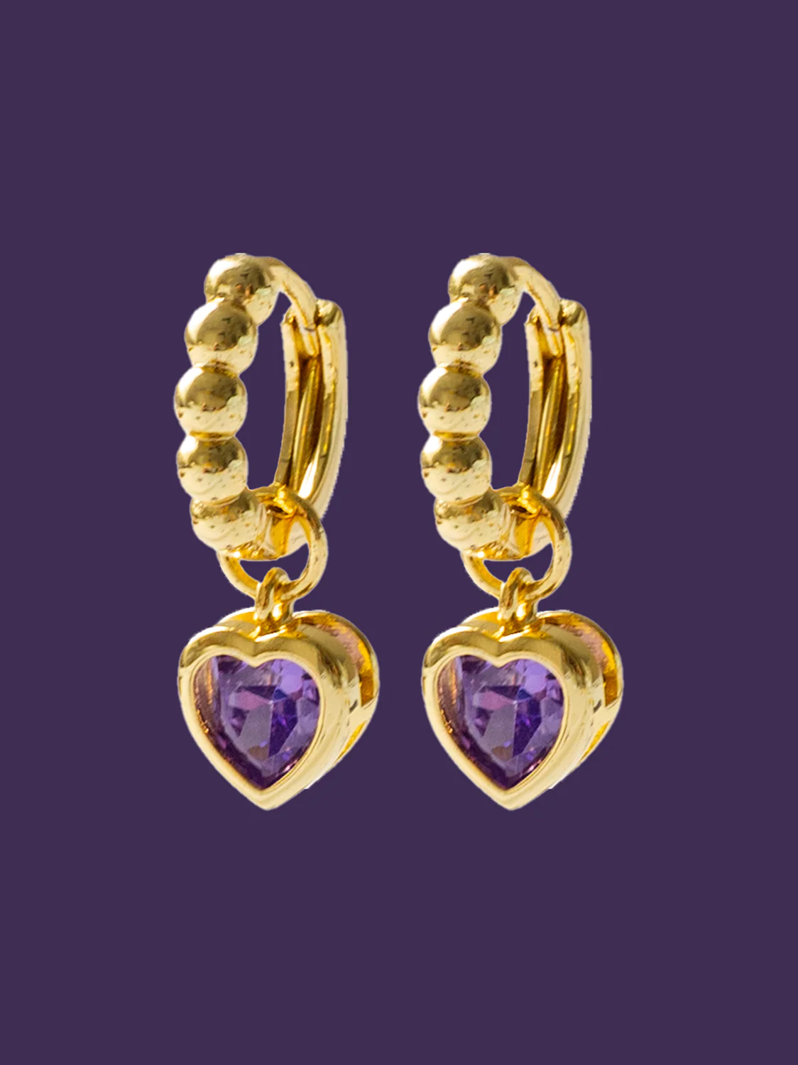 Boba Huggies with Heart Gemstone, S925 - Purple, Gold