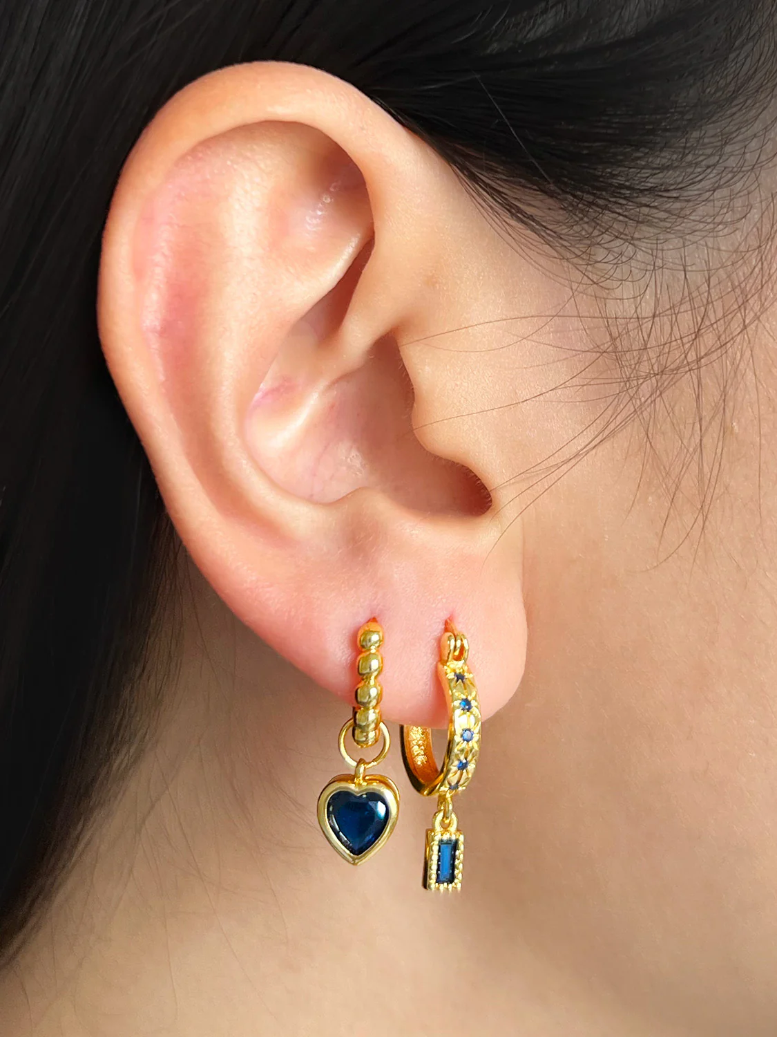 Starburst Huggies with Rectangular Gemstone, S925 - Blue, Gold - Image 3