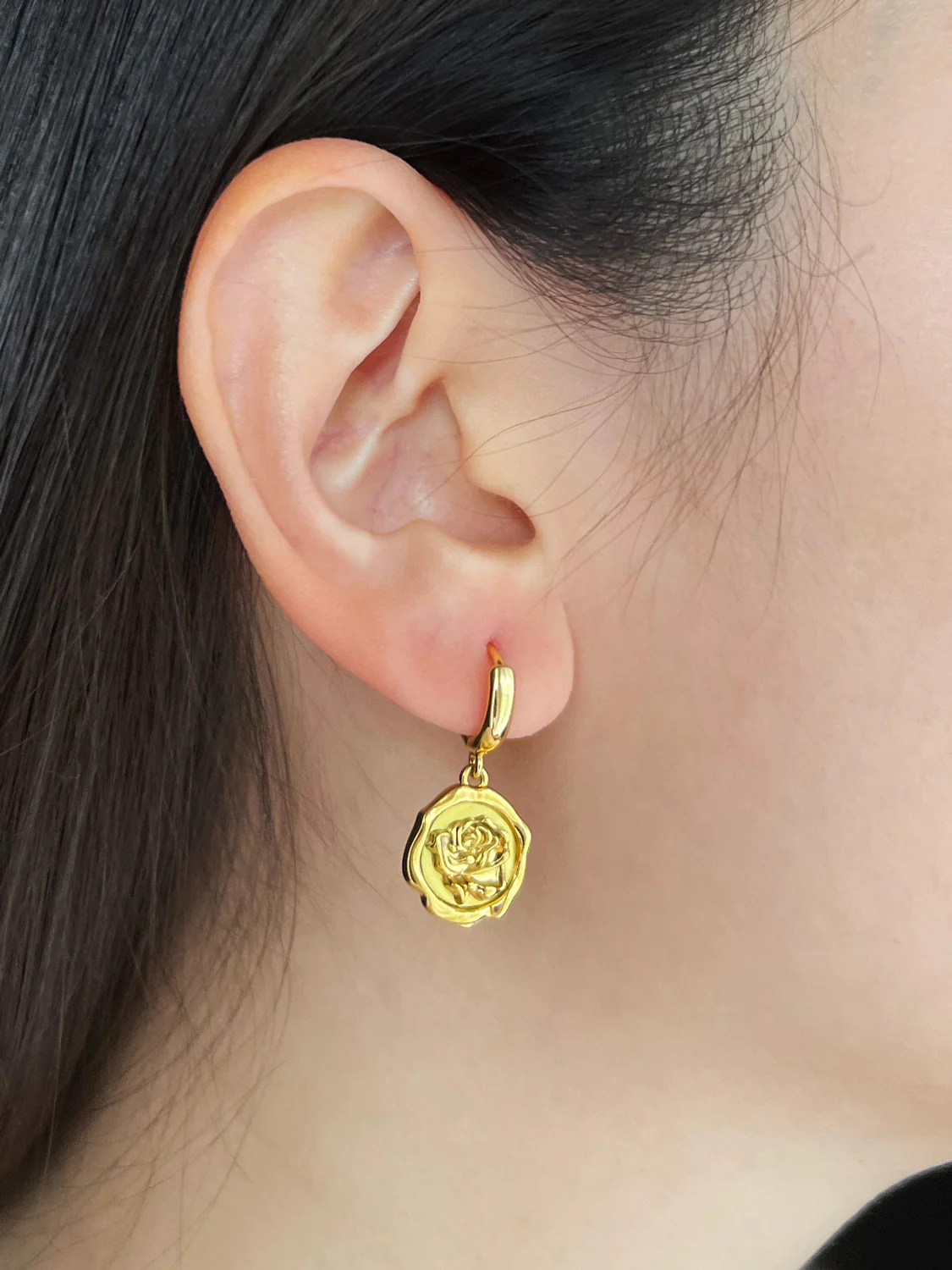 Carved Rose Pendant Huggies - Gold - Image 2