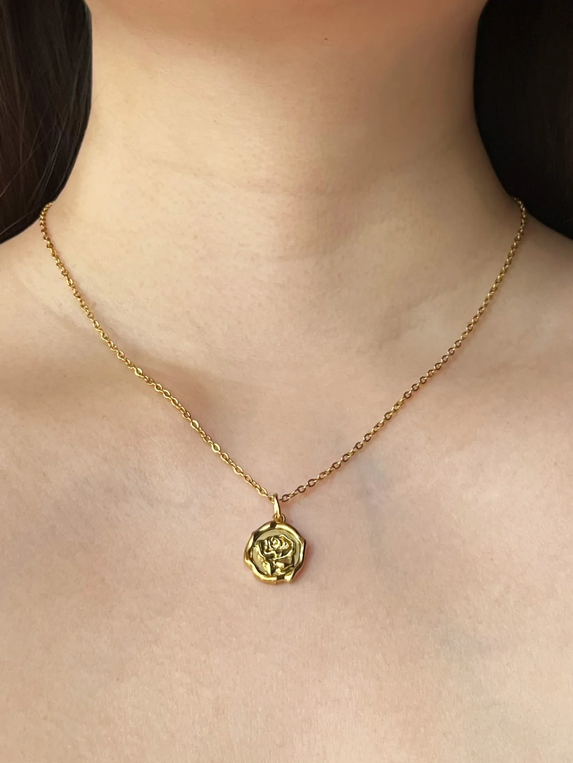 Carved Rose Pendant Huggies - Gold - Image 4