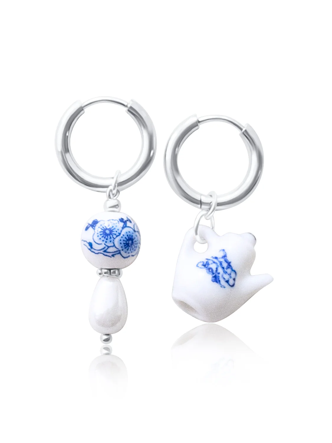 Ceramic Teapot Mismatched Hoop Earrings - Silver