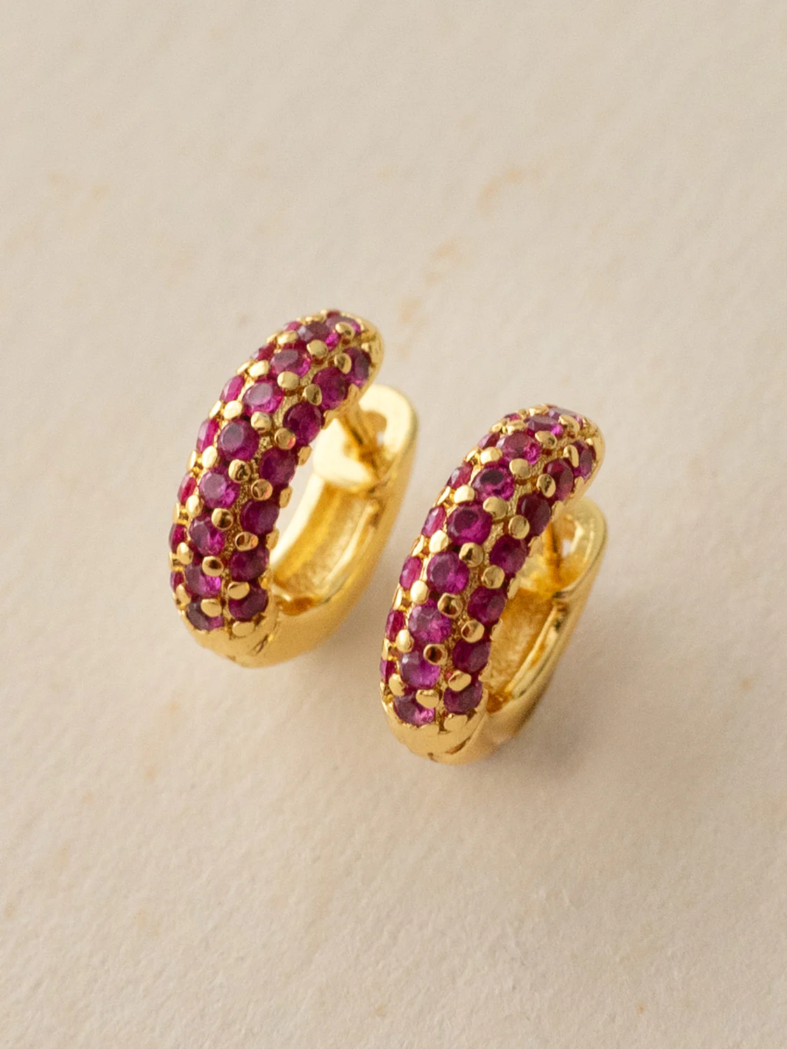 Chunky Gemstone-Encrusted Huggies, S925 - Magenta Pink, Gold