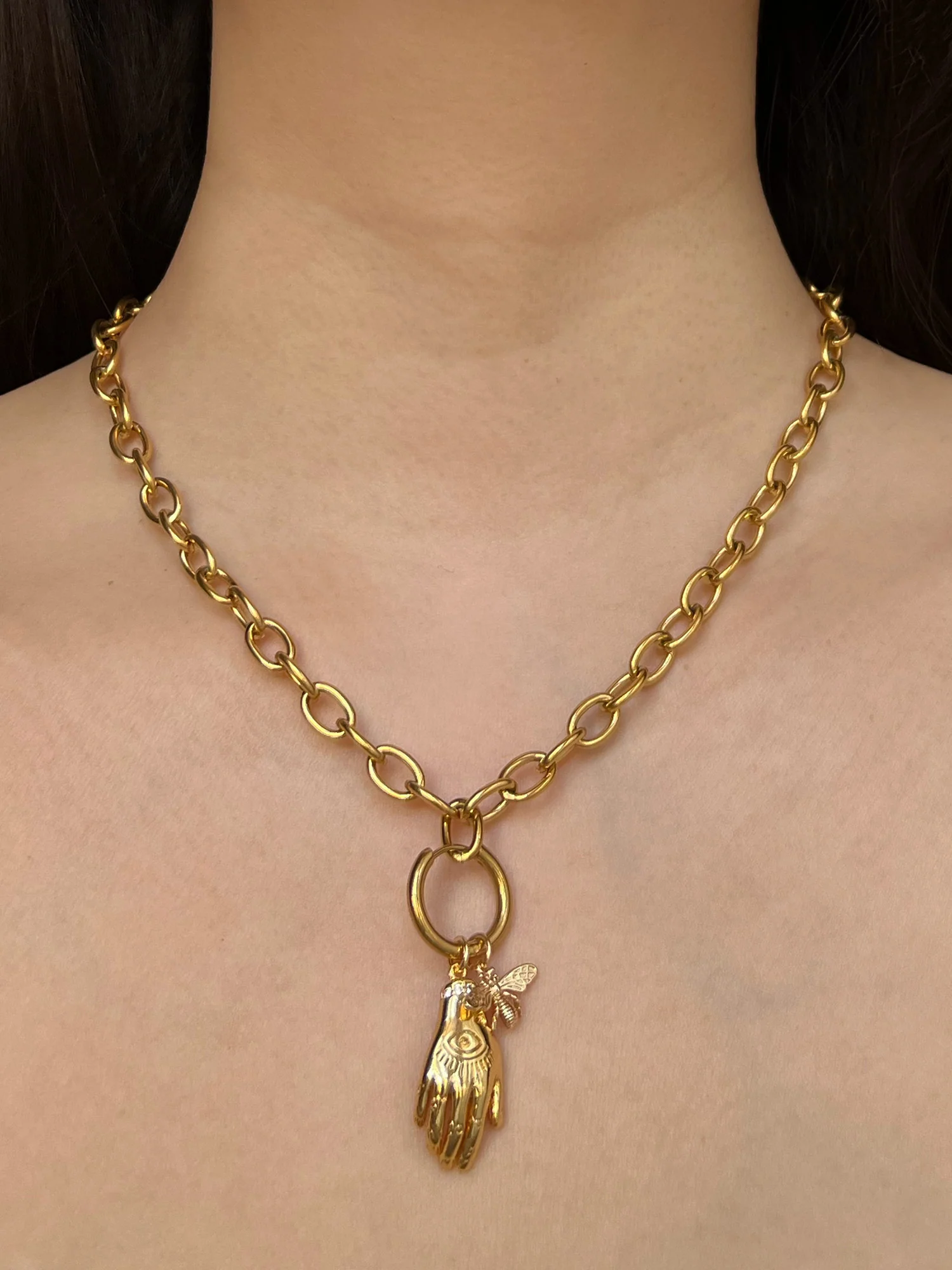 Chunky Gold Chain Necklace - Evil Eye Hand, Bee
