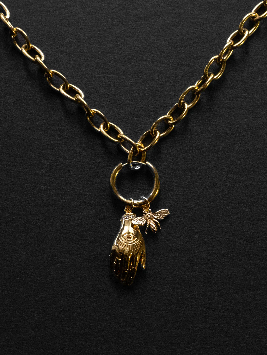 Chunky Gold Chain Necklace - Evil Eye Hand, Bee - Image 2