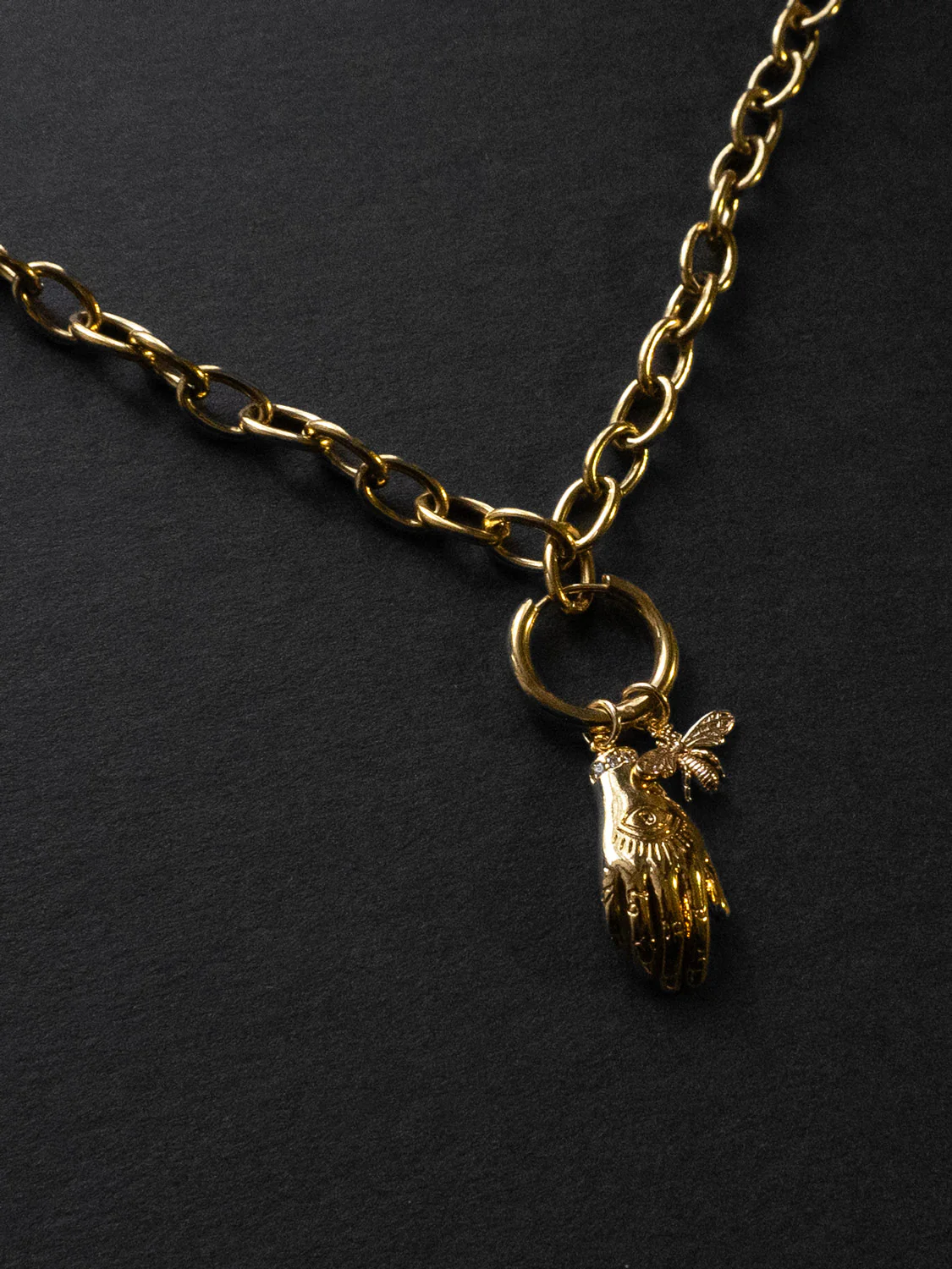 Chunky Gold Chain Necklace - Evil Eye Hand, Bee - Image 3