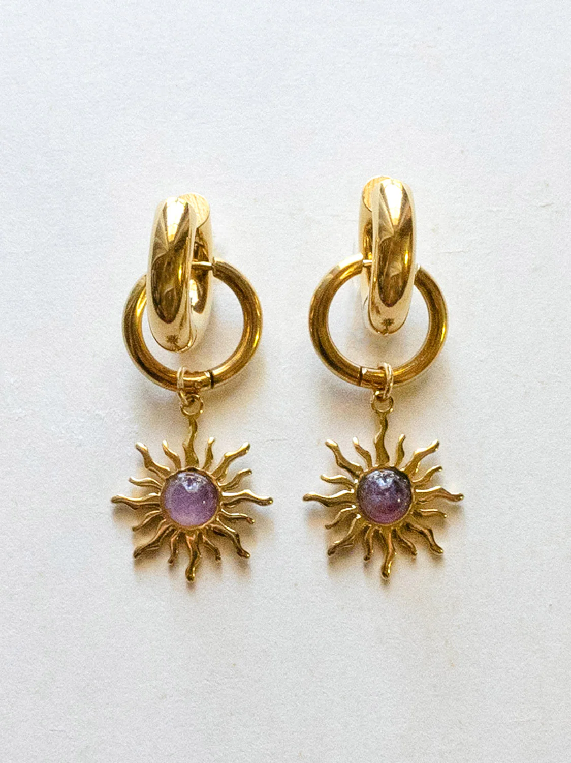 Chunky Gold Hoops - Amethyst Sun Pendant