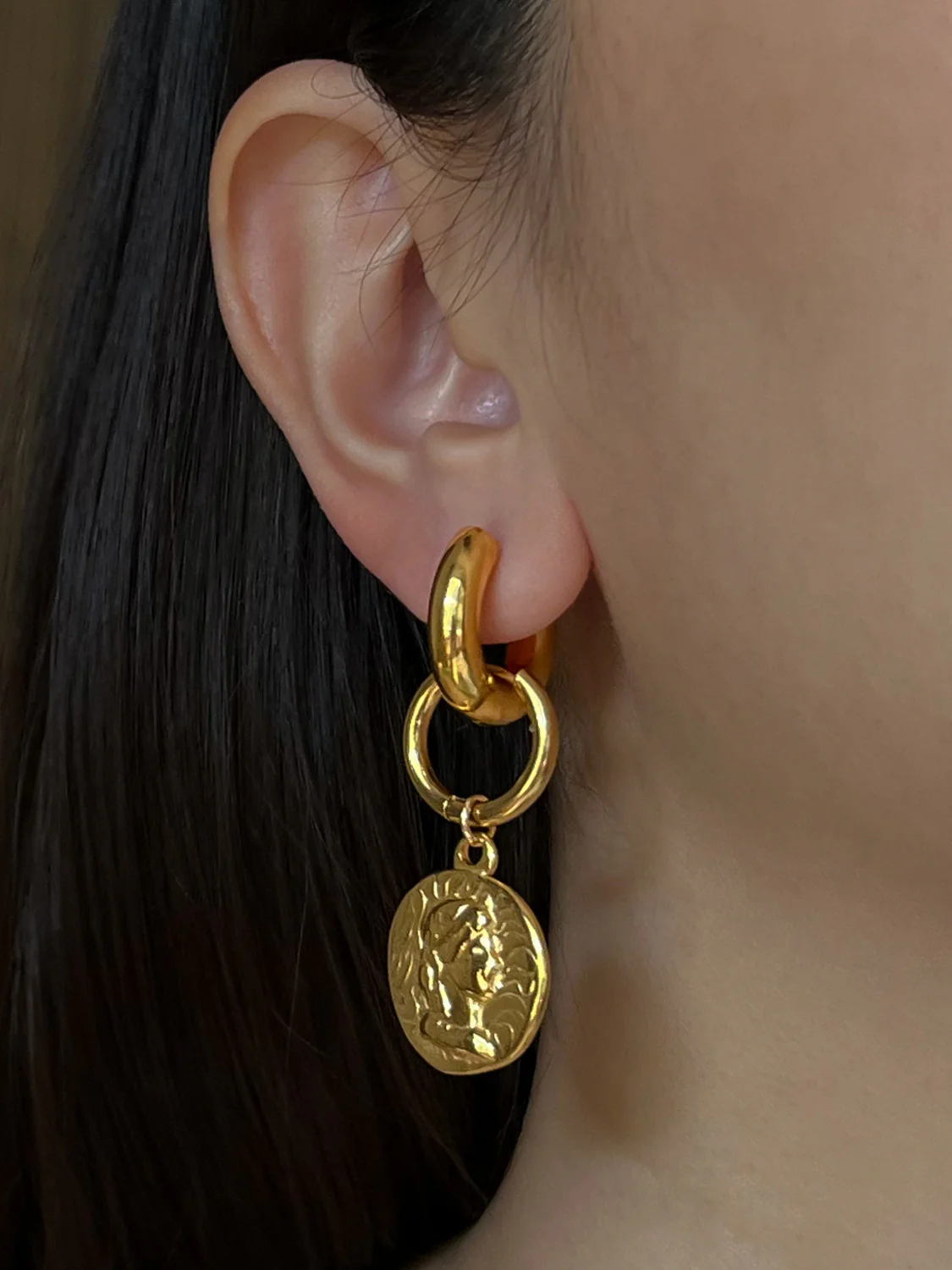 Chunky Gold Hoops - Roman Coin Pendant