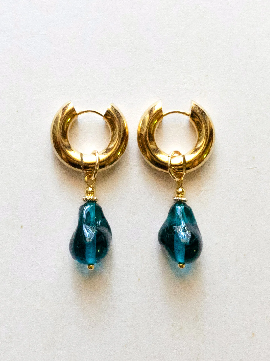 Chunky Gold Hoops - Teal Baroque Glass Pearl