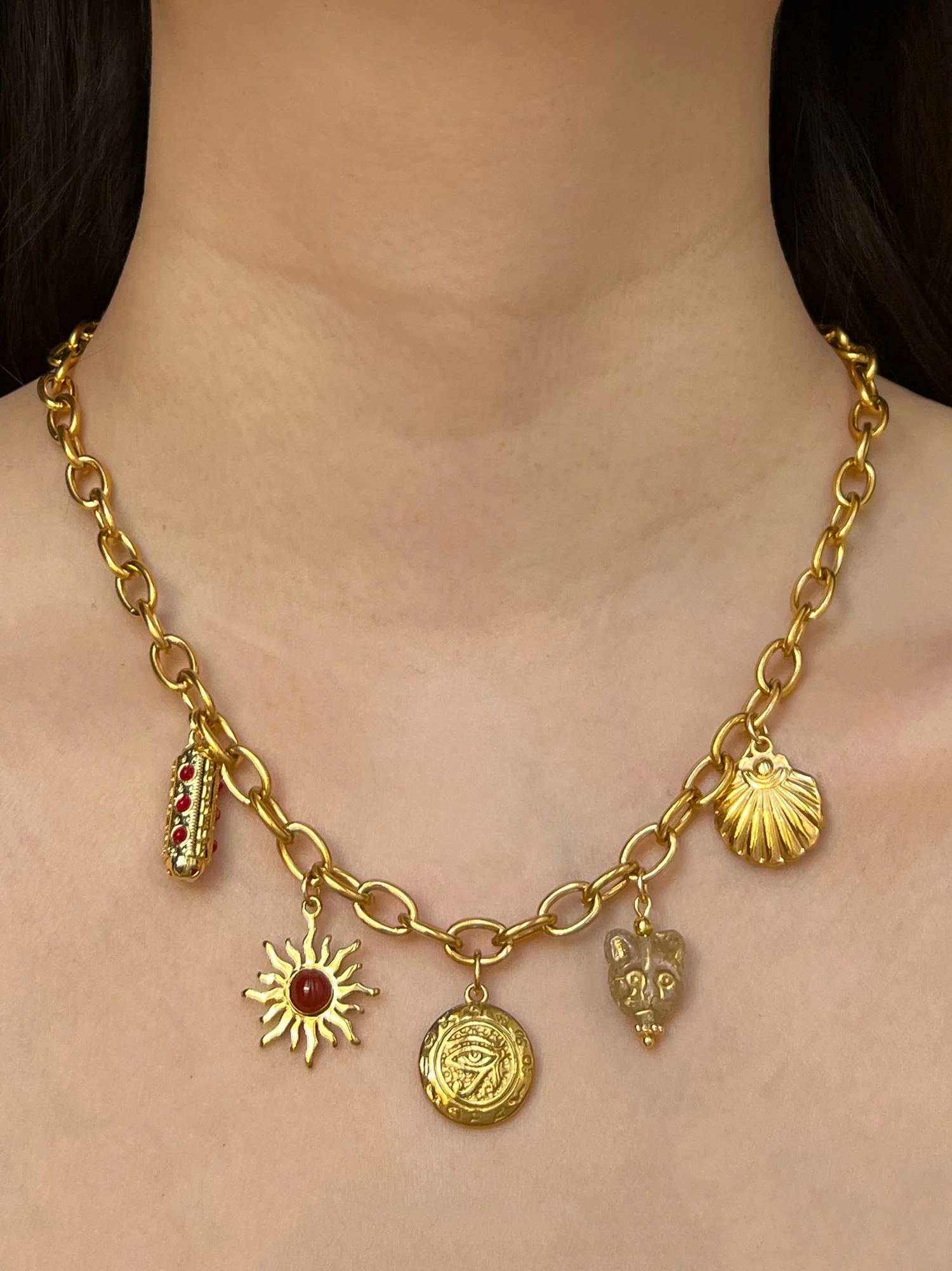 Chunky Gold Talisman Necklace - Eye of Horus Charm