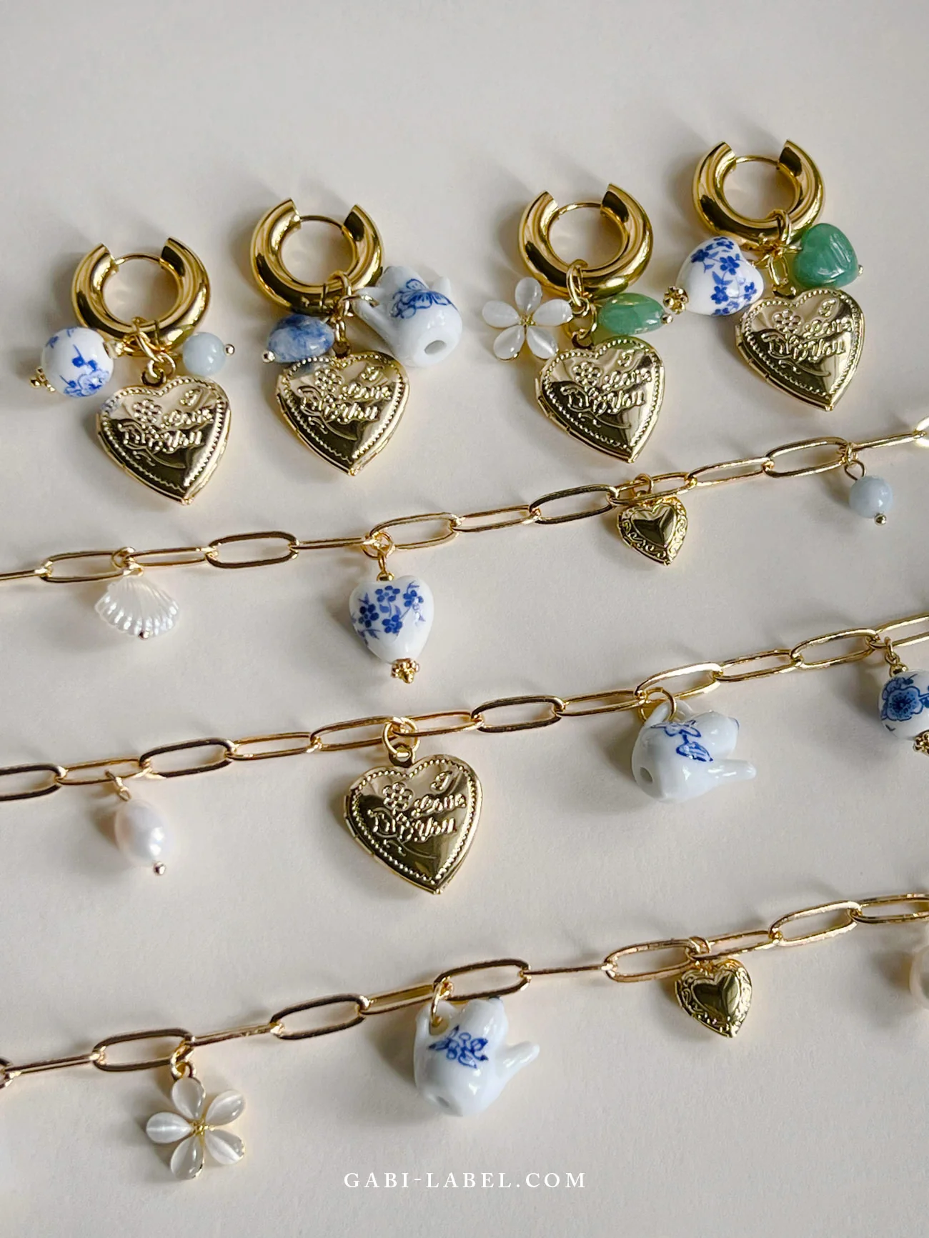 Chunky Heart Locket Hoops - Blue Ceramic Heart/Green Stones - Image 9