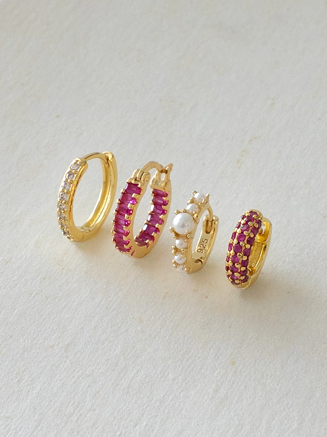 Sparkle Gemstone Mini Hoops, S925 - Magenta, Gold - Image 2