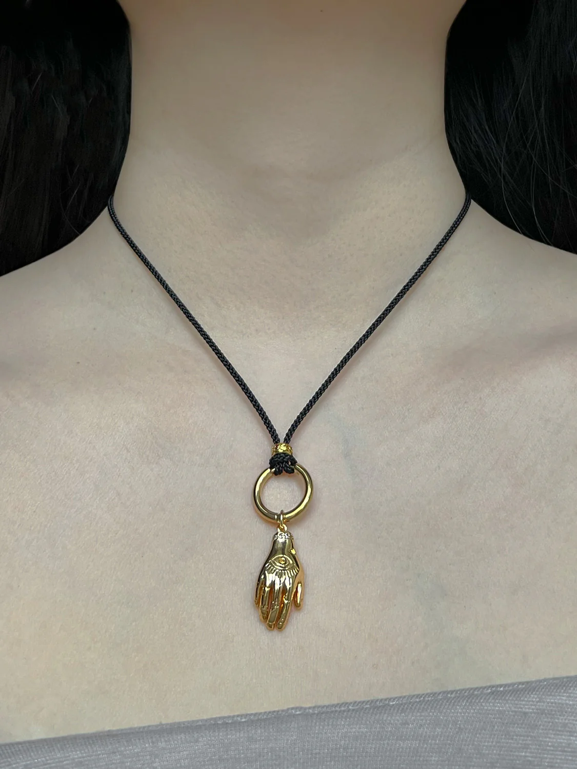 Cord Necklace, Black - Evil Eye Hand - Image 3