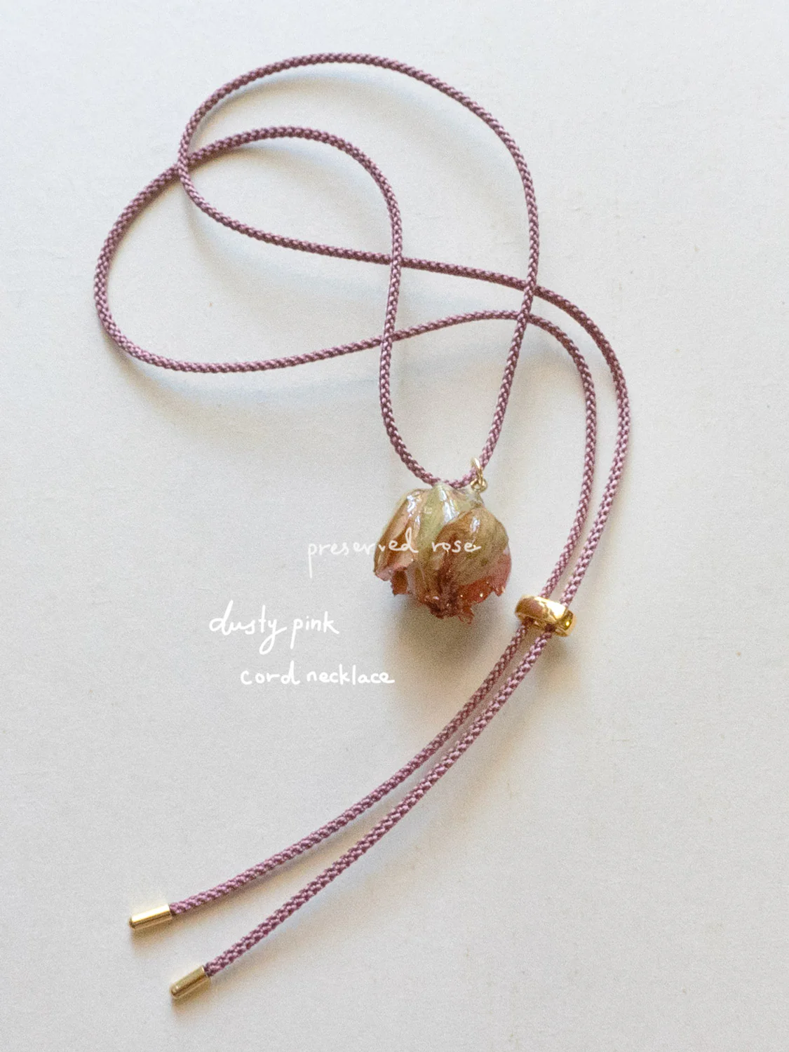 Cord Necklace, Dusty Pink - Jumbo Dried Pink Rose Bud