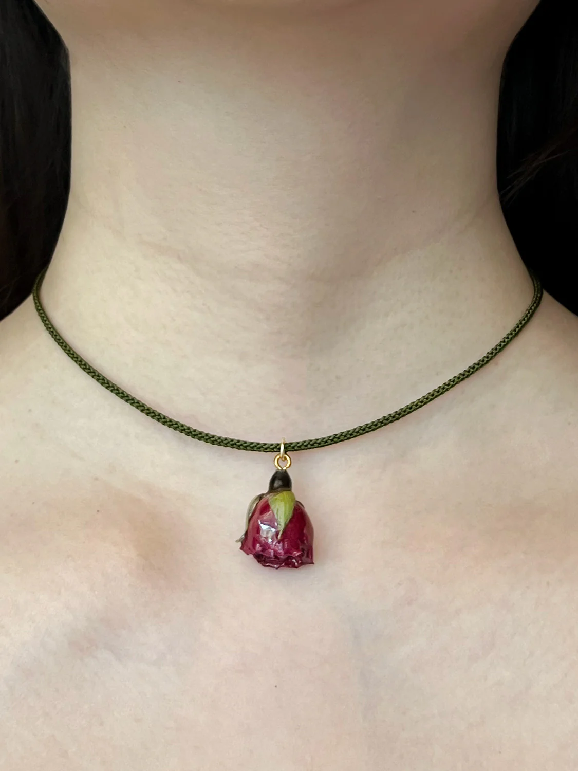Cord Necklace, Forest Green - Dried Blood Red Rose Bud