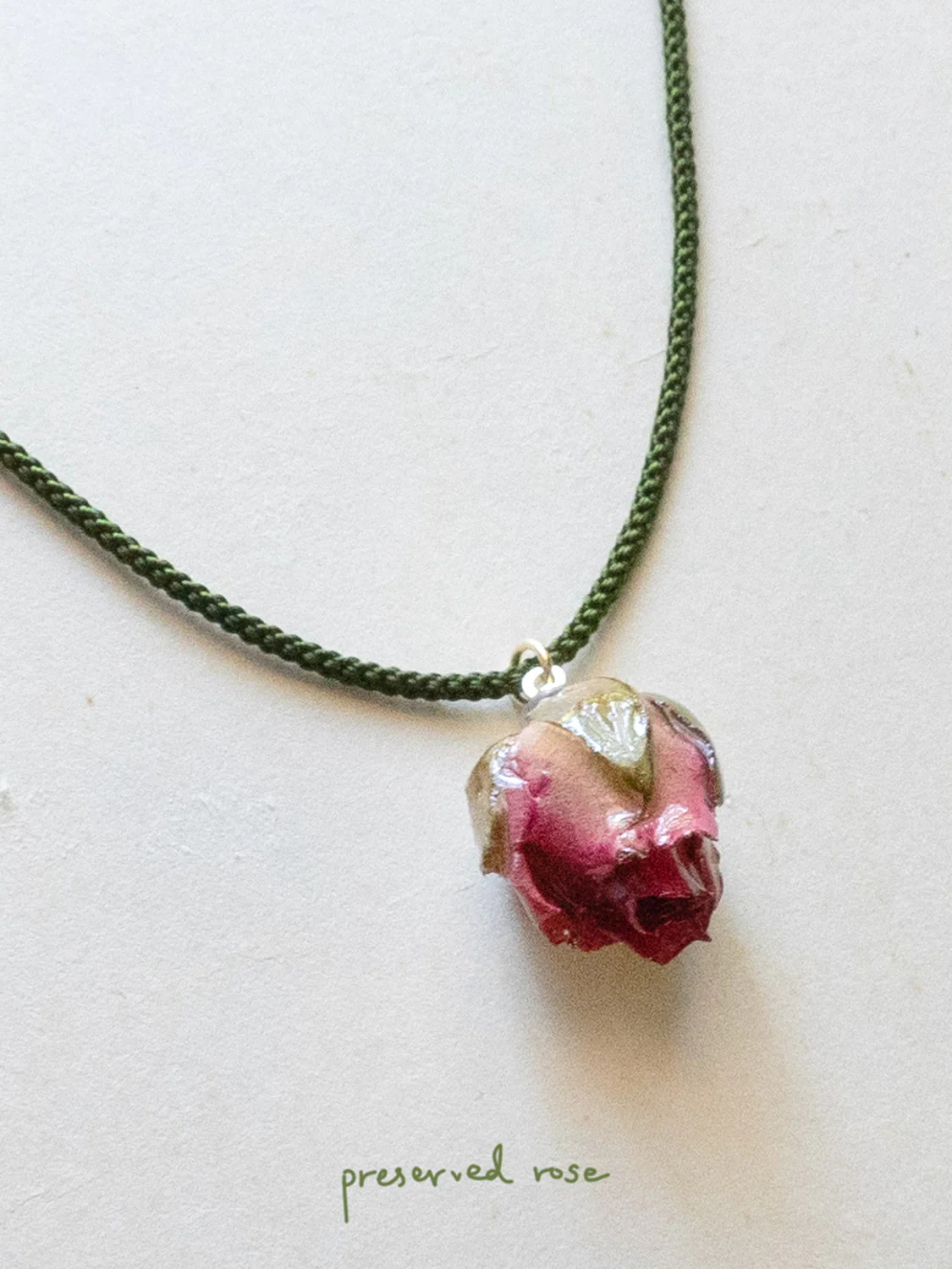 Cord Necklace, Forest Green - Jumbo Dried Magenta Pink Rose Bud