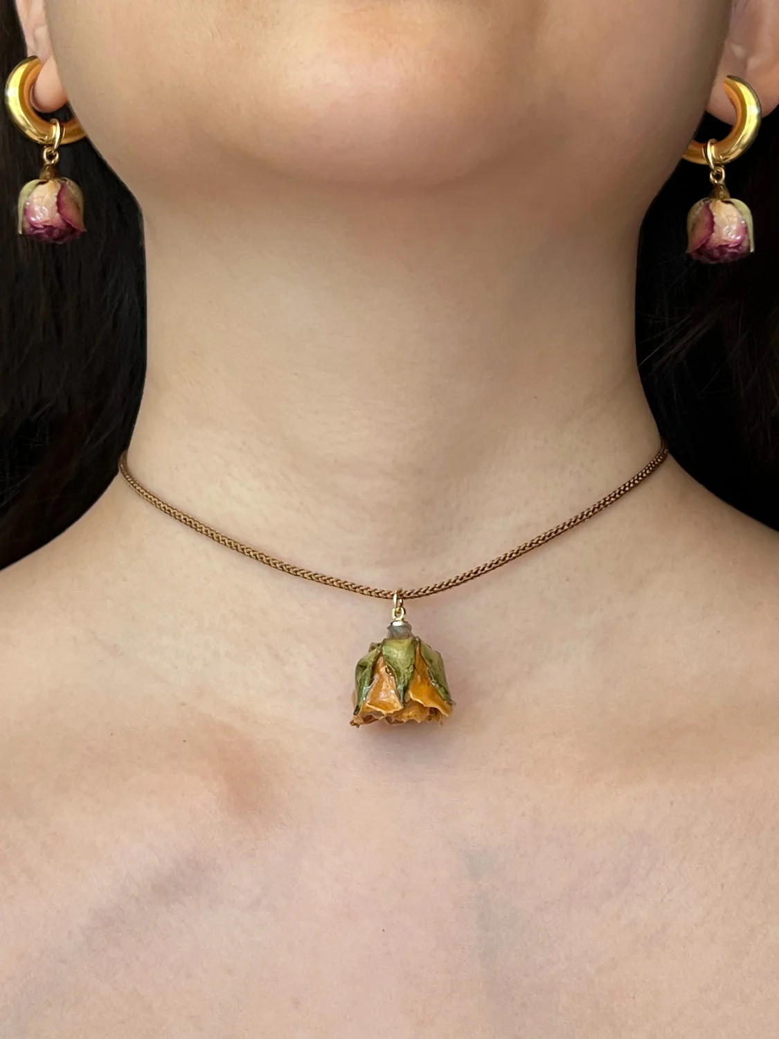 Cord Necklace, Latte Brown - Jumbo Dried Yellow Rose Bud