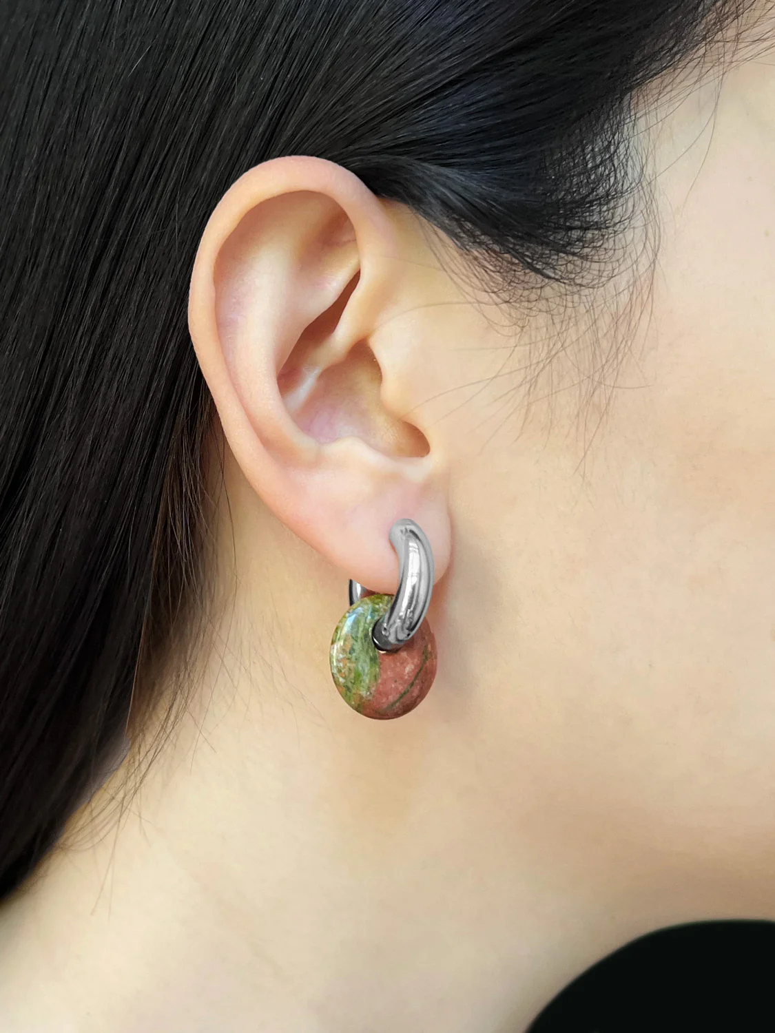 Donut Hoops, Silver V2 - Unakite - Image 2