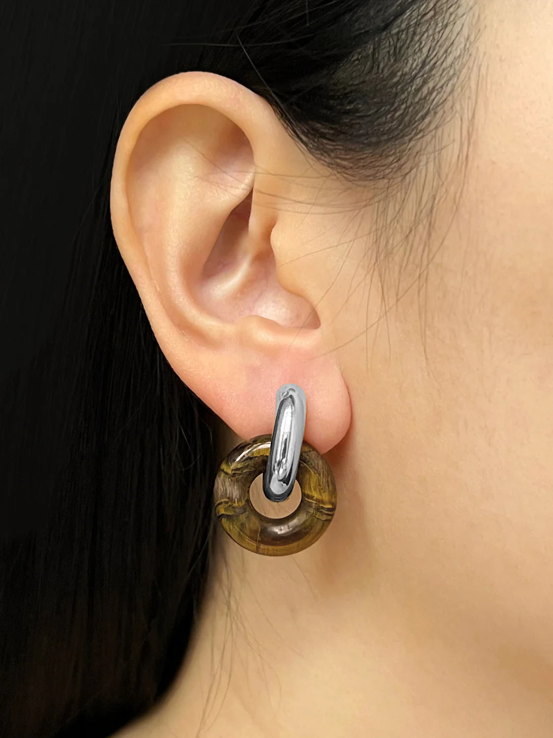 Donut Hoops, Silver - Tiger Eye - Image 2