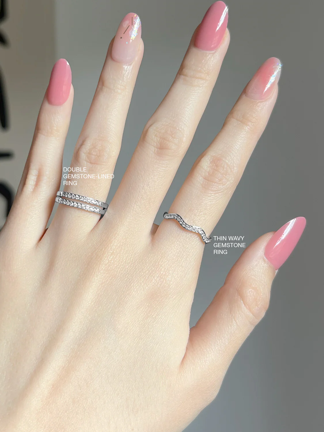 Double Gemstone-Lined Ring, Stainless Steel - Silver - Image 3
