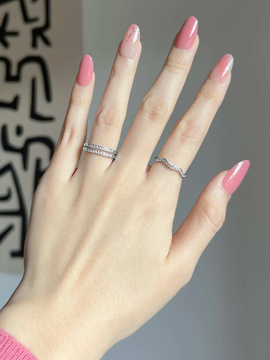 Double Gemstone-Lined Ring, Stainless Steel - Silver - Image 5