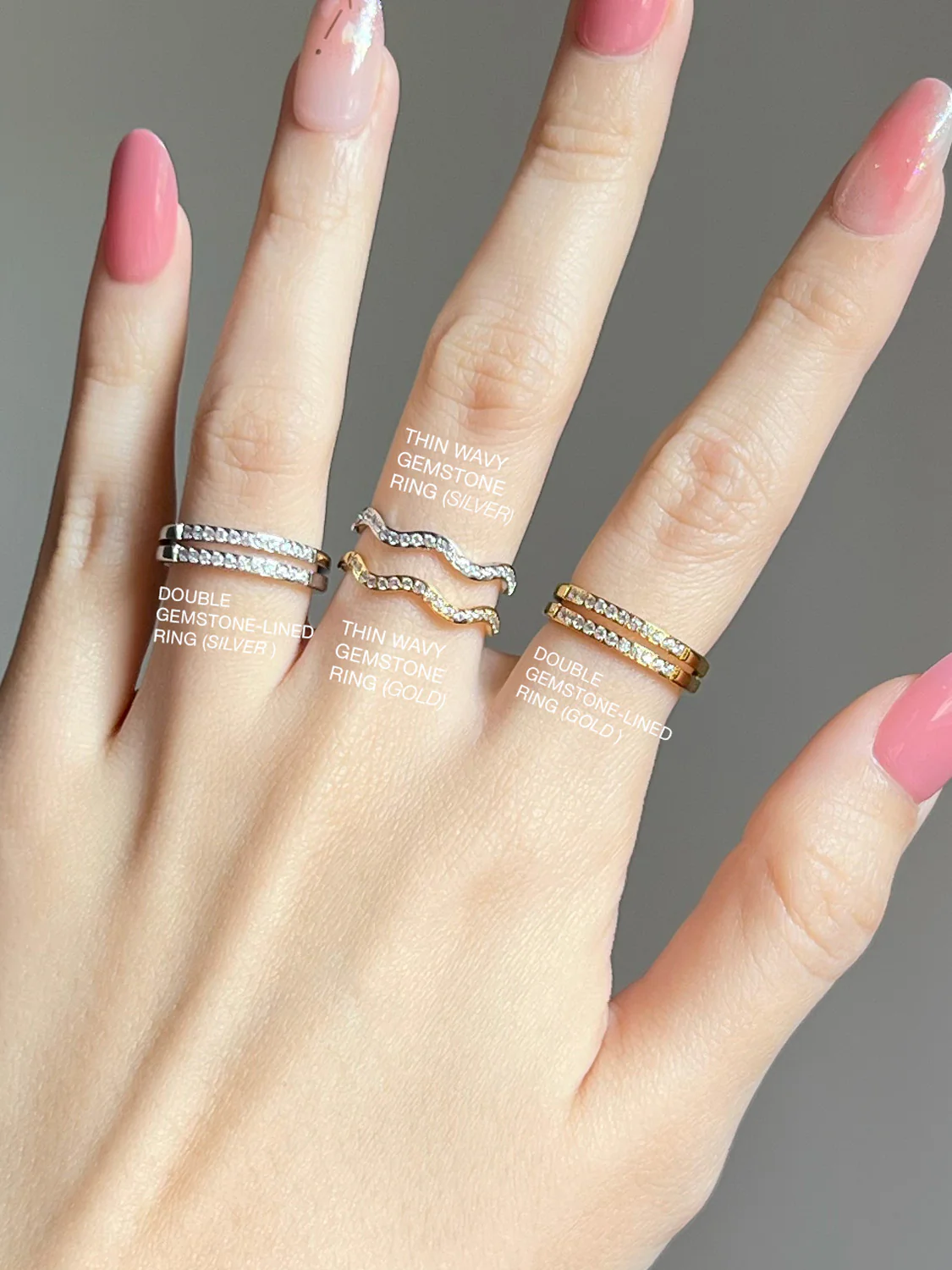 Double Gemstone-Lined Ring, Stainless Steel - Silver - Image 6