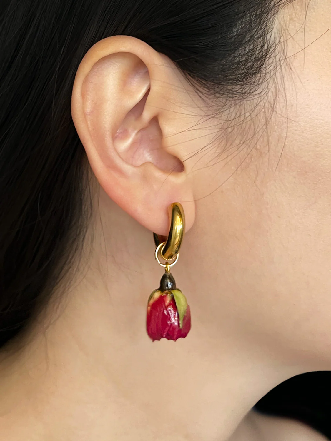 Chunky Gold Hoops - Dried Blood Red Rose Bud