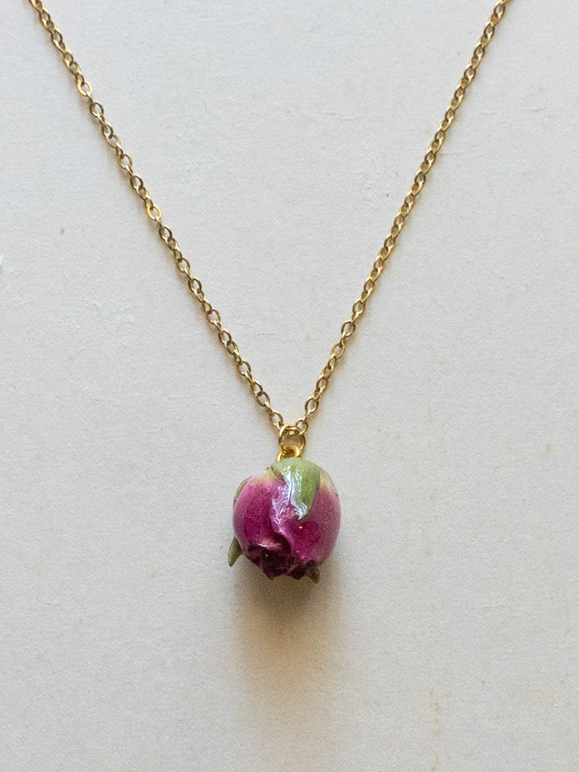 Dried Magenta Pink Rose Bud Necklace - Stainless Steel, Gold