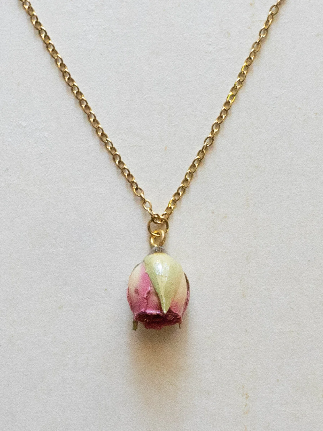 Dried Pink Rose Bud Necklace - Stainless Steel, Gold