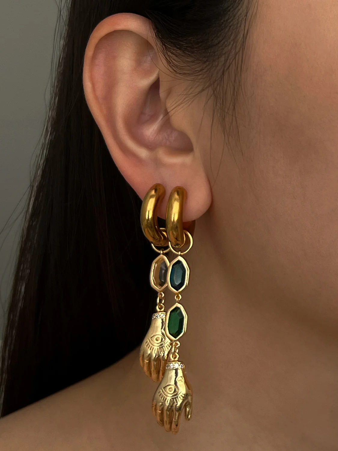 Evil Eye Hand Gemstone Chunky Hoops - Clear - Image 4