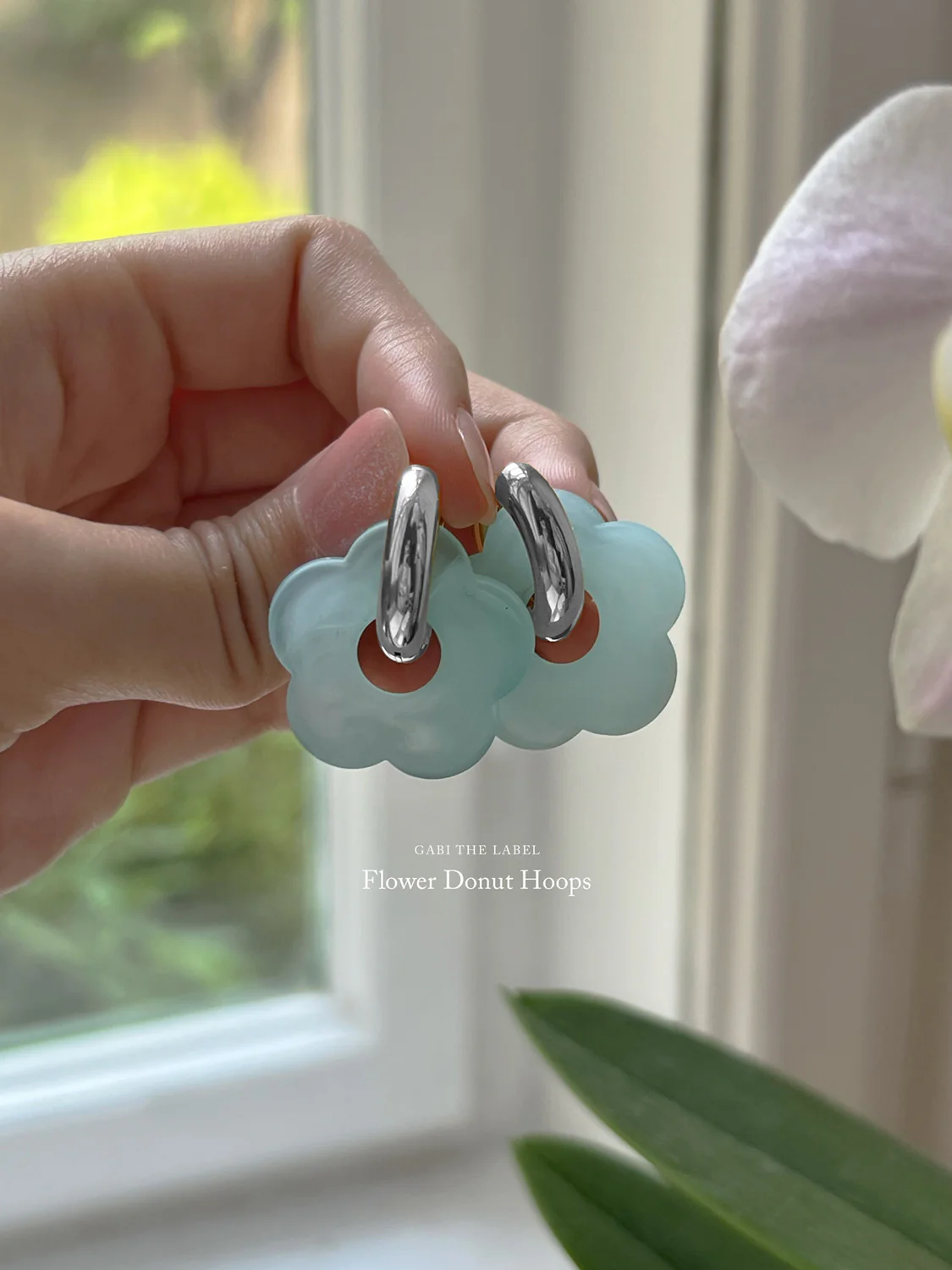 Flower Donut Hoops, Silver - Marbled Matte Blue