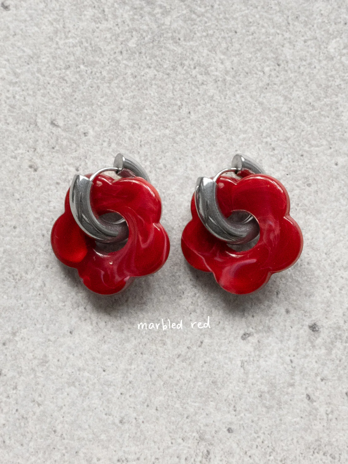 Flower Donut Hoops, Silver - Marbled Red