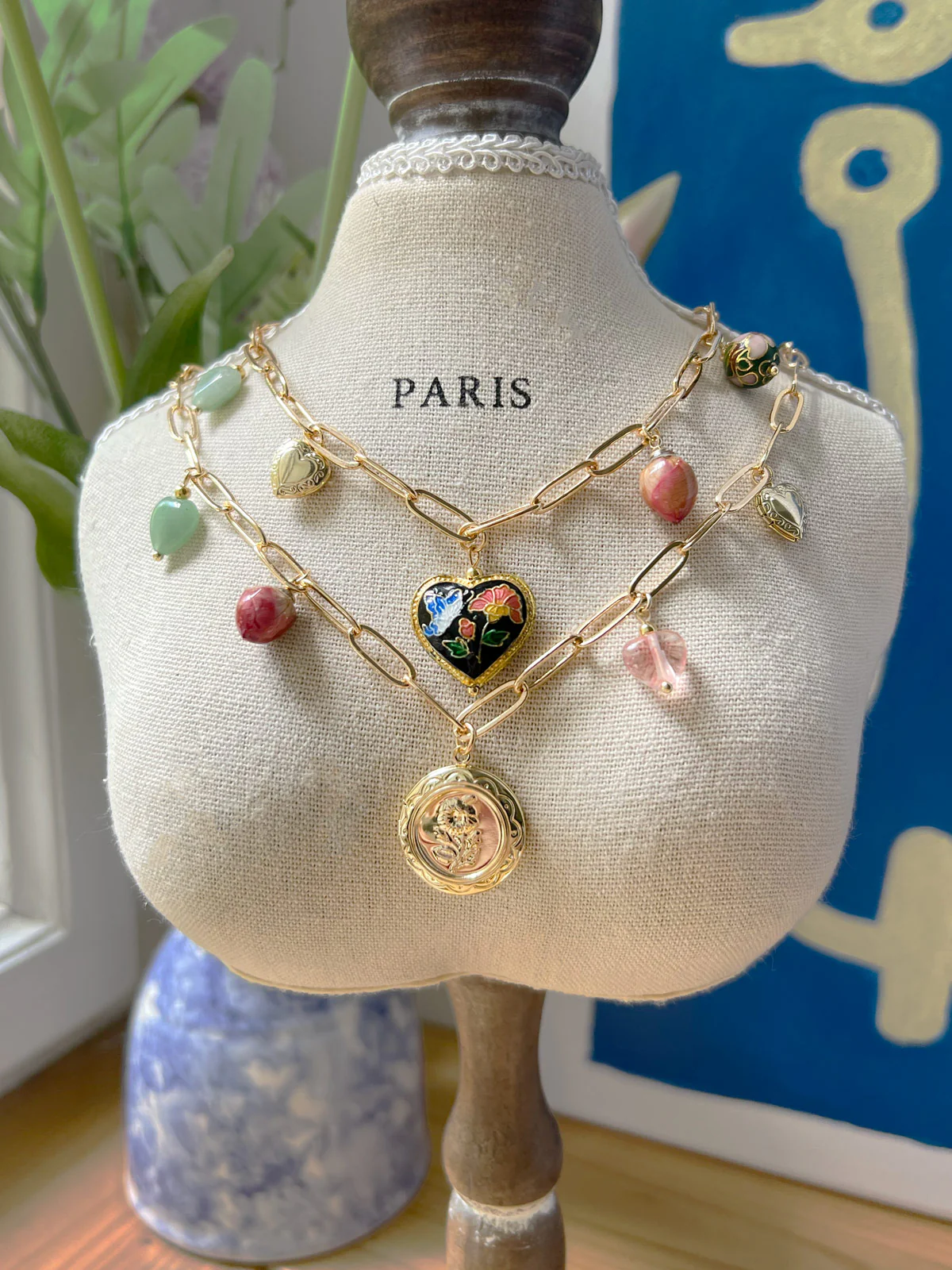 Flower Round Locket Charm Necklace - Crystal Hearts/Dried Rose - Image 4