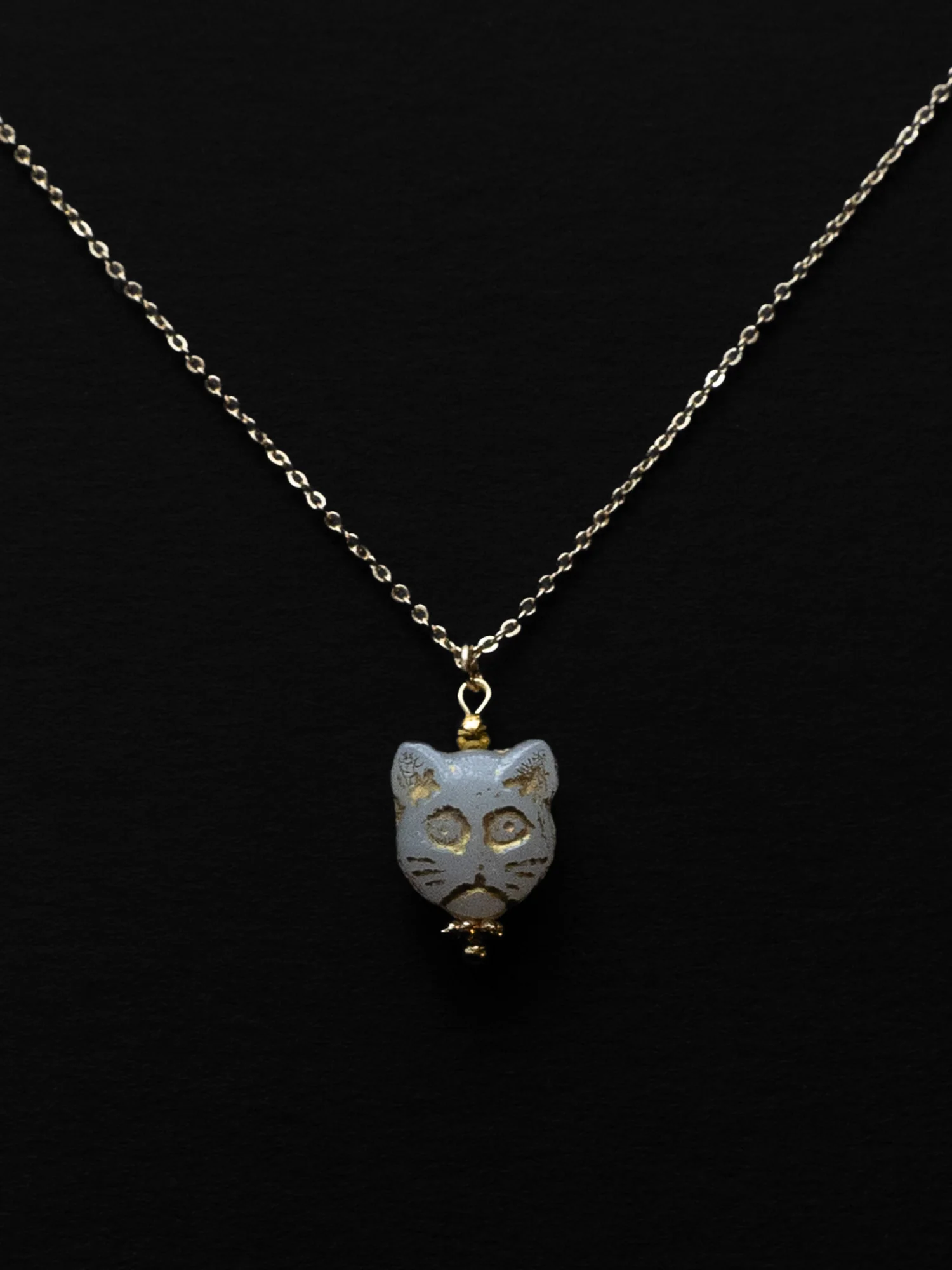 Glass Carved Cat Necklace - White