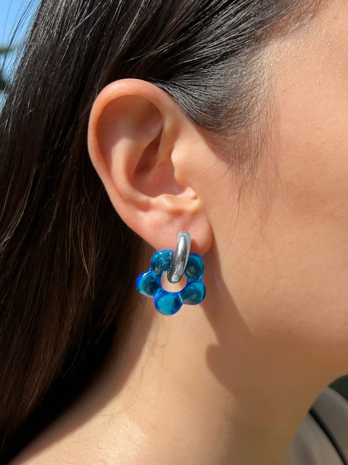Glass Flower Donut Hoops, Silver - Blue