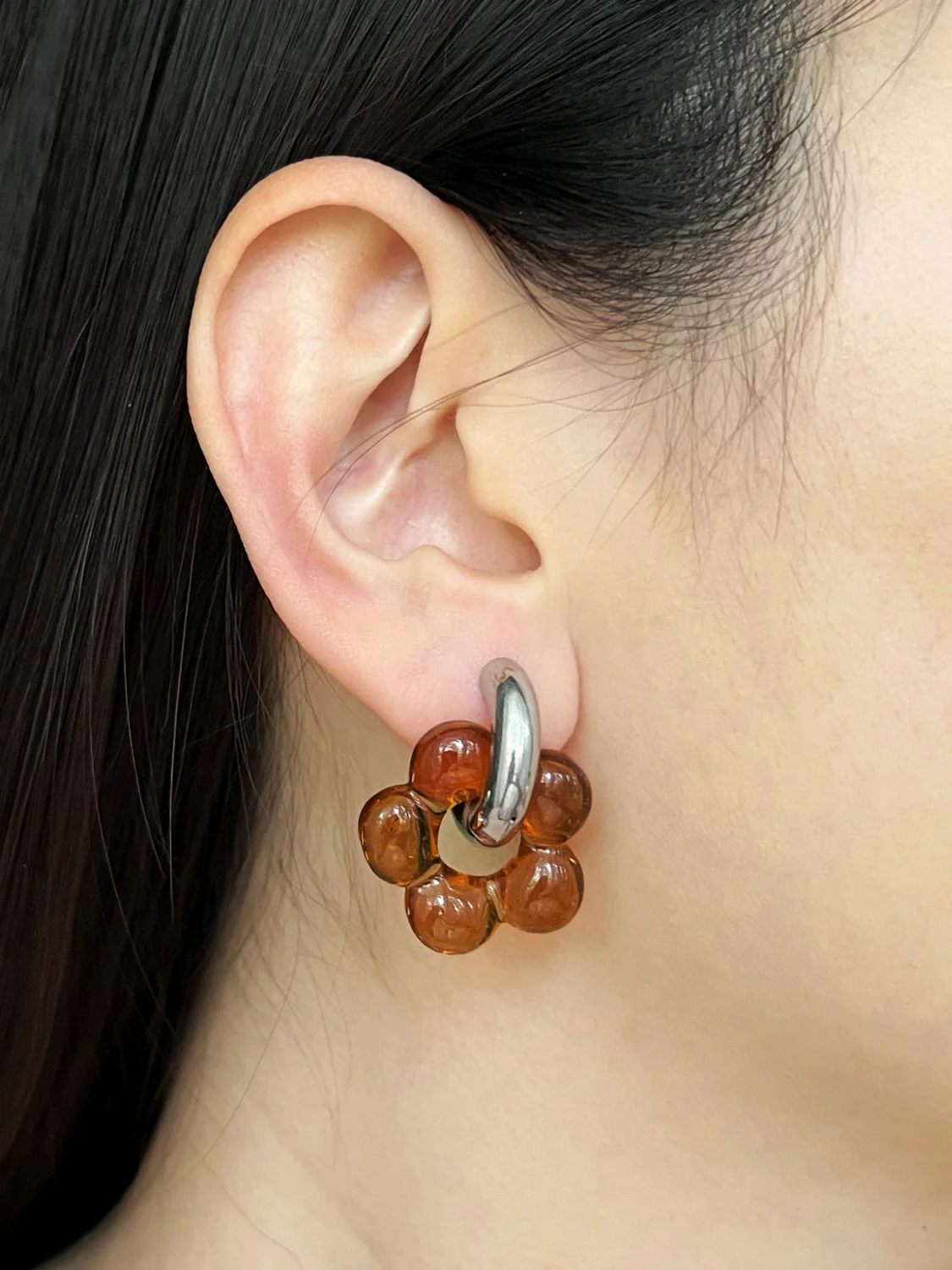 Glass Flower Donut Hoops, Silver - Brown - Image 2