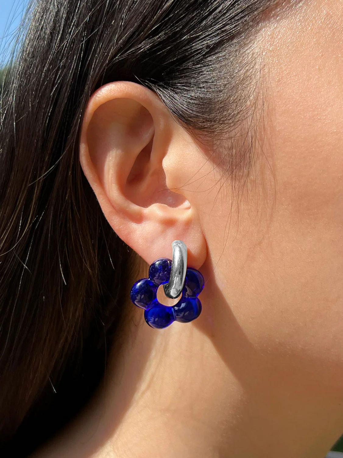 Glass Flower Donut Hoops, Silver - Cobalt Blue