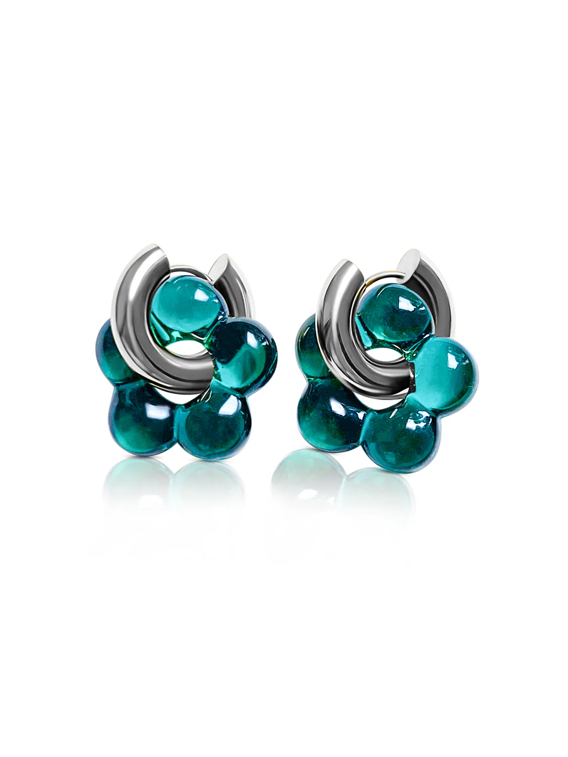 Glass Flower Donut Hoops, Silver - Dark Blue-Green