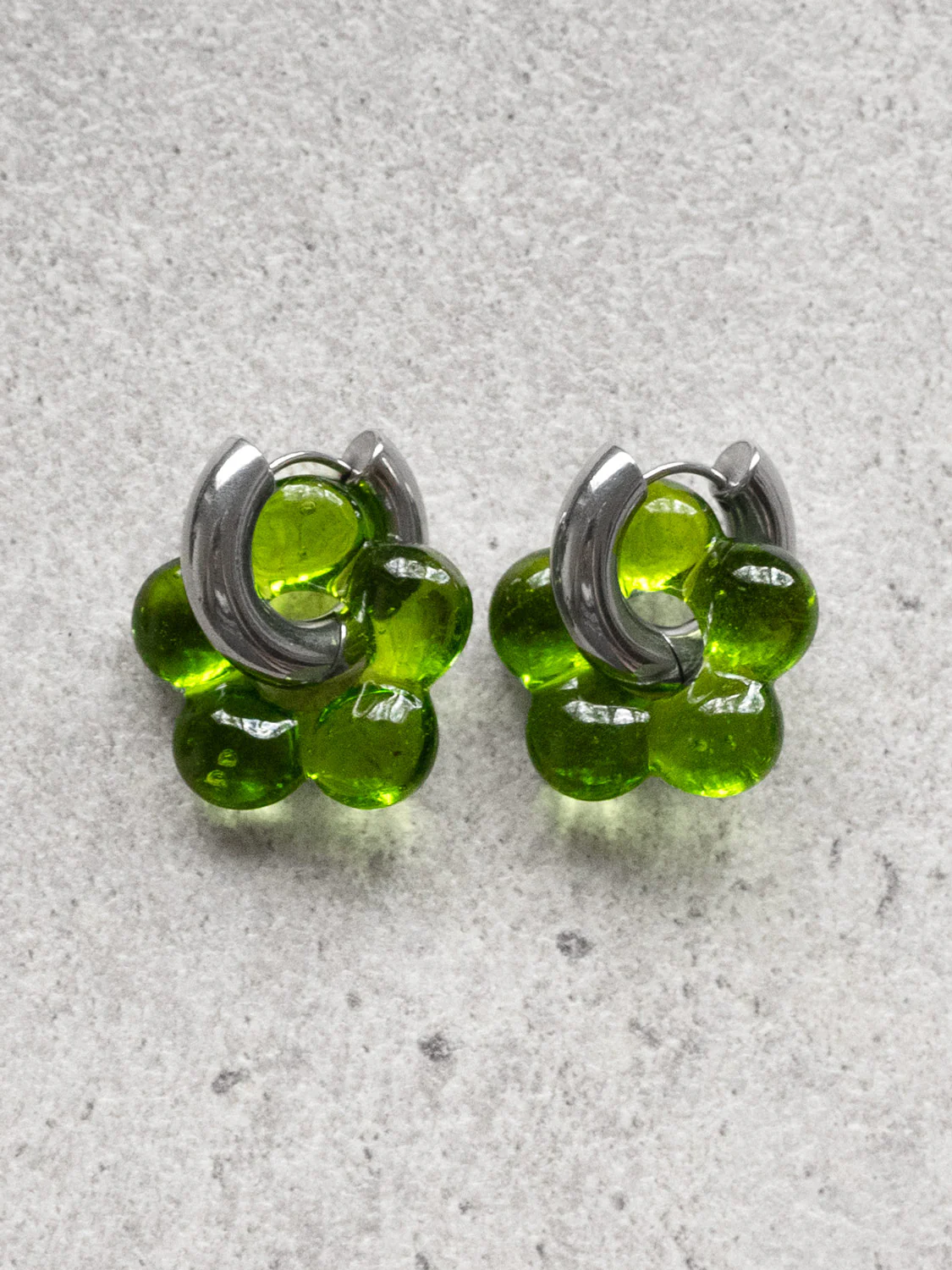 Glass Flower Donut Hoops, Silver - Pistachio Green