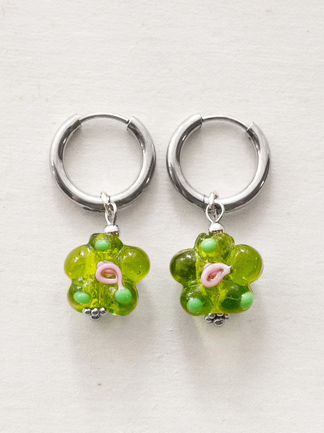 Glass Flower Hoops - Apple Green, Silver - Image 3