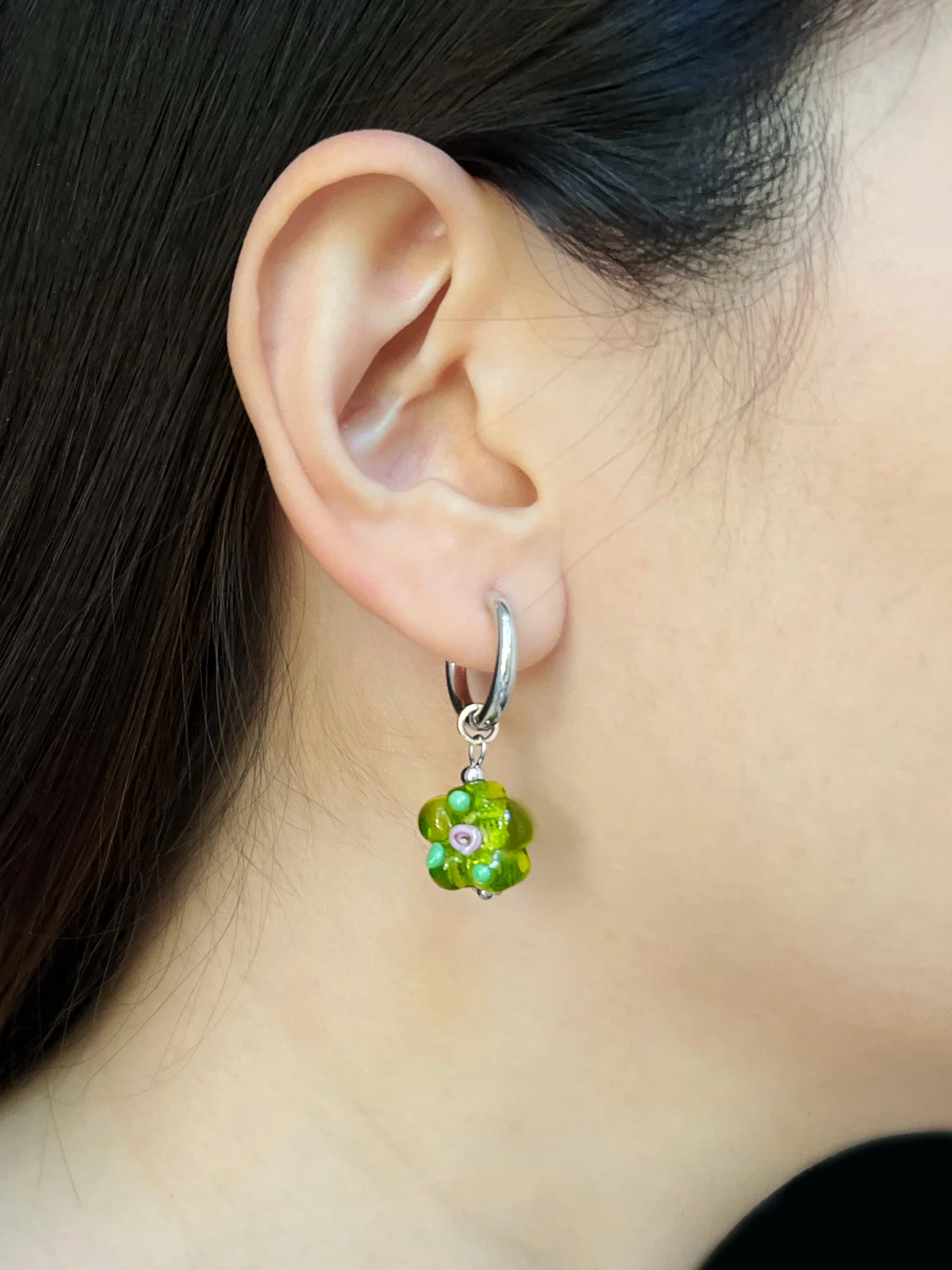 Glass Flower Hoops - Apple Green, Silver - Image 2