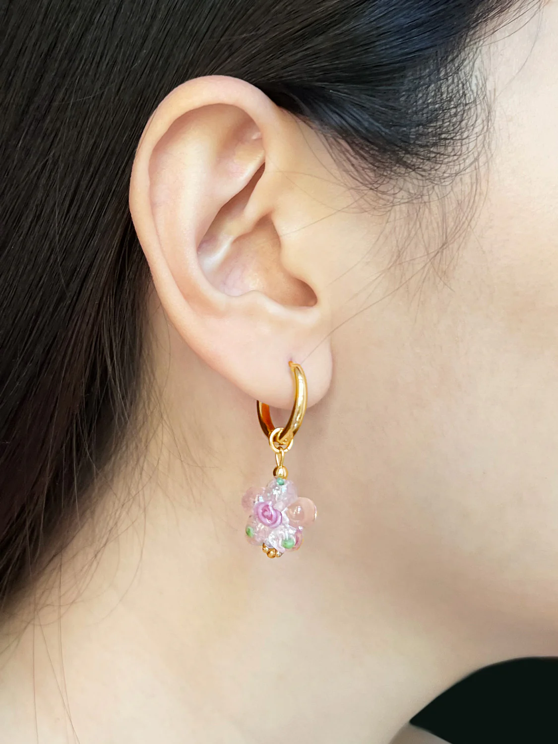 Glass Flower Hoops - Sweet Pink, Gold - Image 2